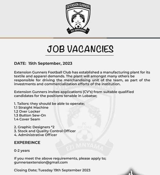 Tailors, Graphic Designers x2, Stock & Quality Control Officer